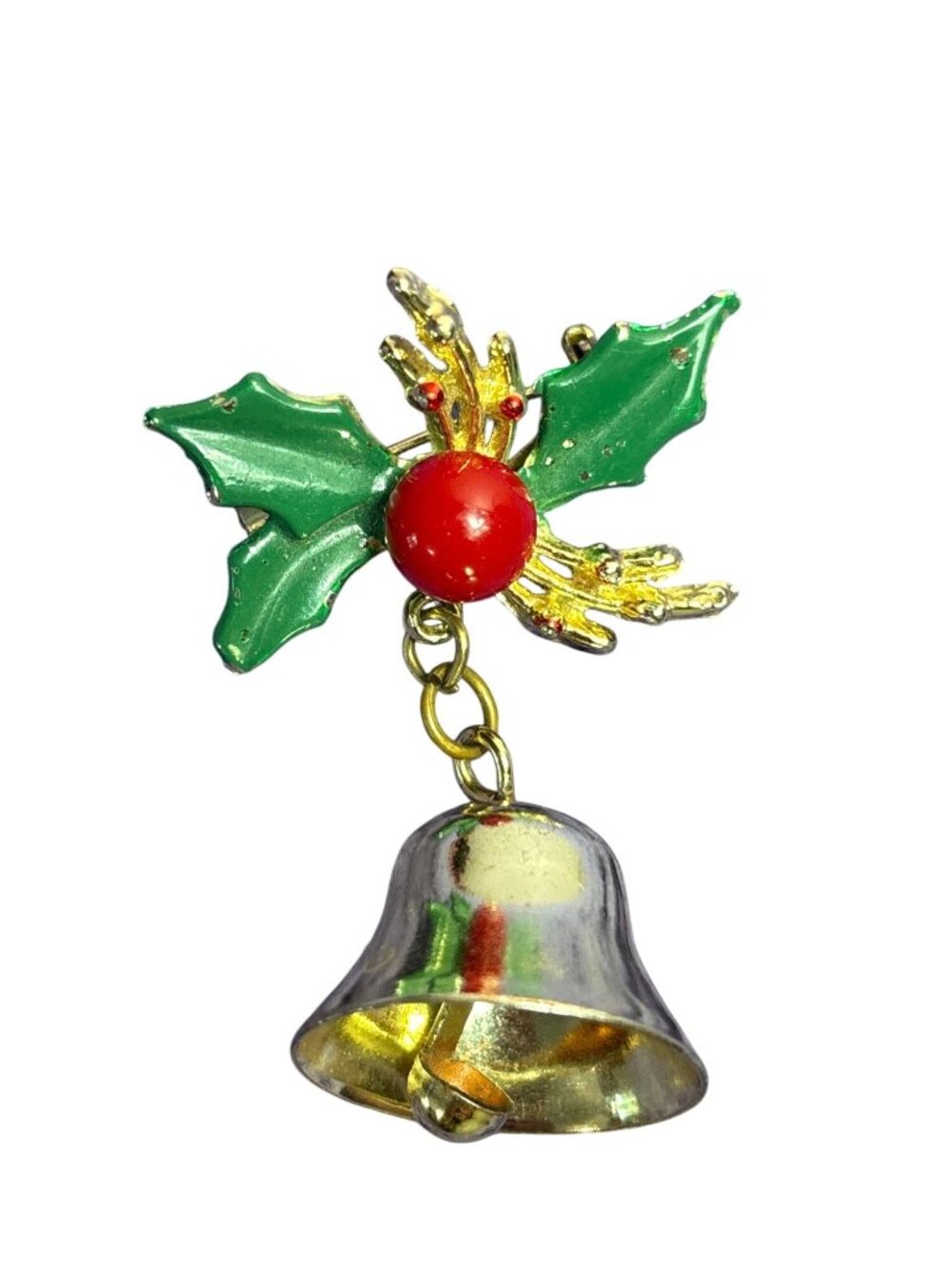 Vtg Christmas Brooch Pin Bell Holly Berry Leaves Goldtone 2.25 inch Enamel Wear